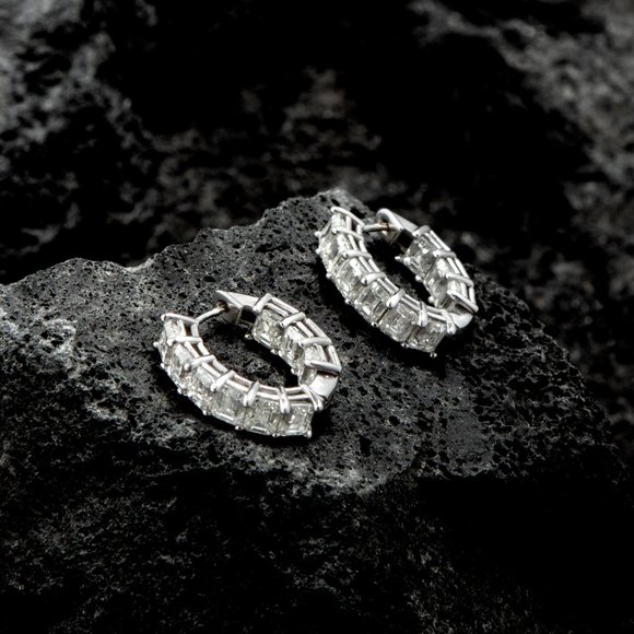 Baguette Diamond Inside Out 14K (or 18k upon request) Yellow Gold Hoop Earrings - Picture 5 of 7